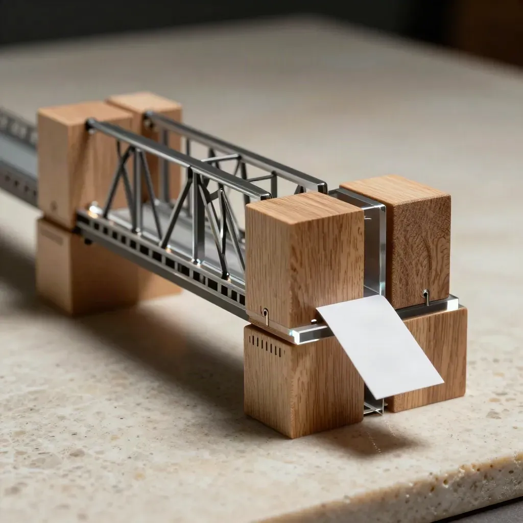 Miniature timber, metal and smoked acrylic capital model on travertine in tense diagonal light