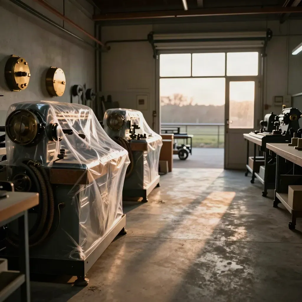 Empty heritage workshop with wrapped machines, a cart at the bay door, and dust in evening light.
