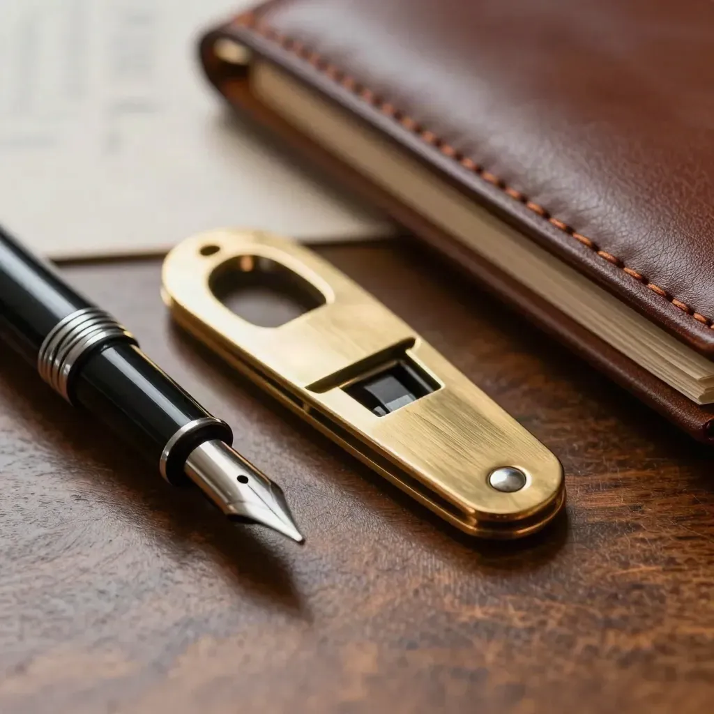 Brass letter opener, black fountain pen and leather portfolio corner on a walnut desk