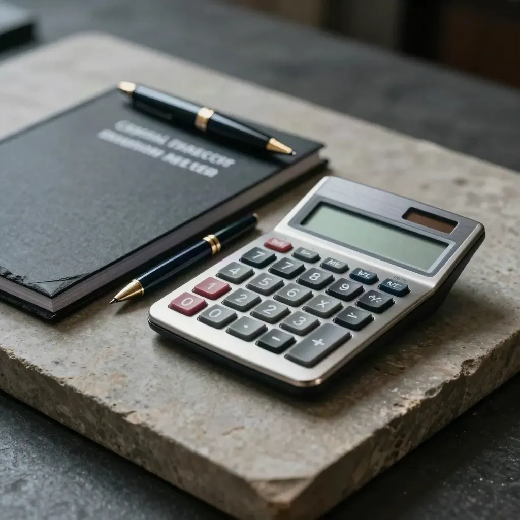 Brushed calculator, slate paperweight and dark pen on stone in dramatic finance still life.