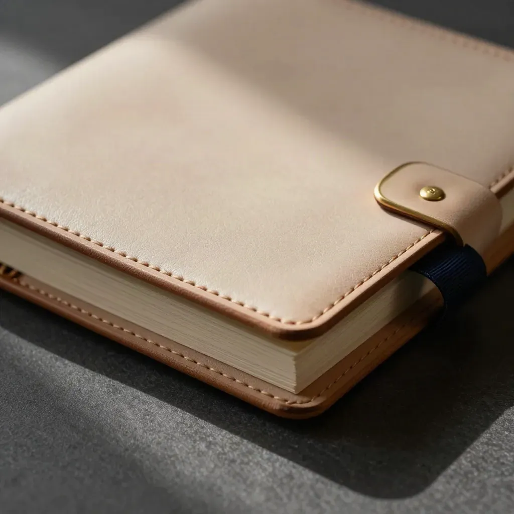 Leather investor folder with brass clip on linen, with a cream notebook edge and navy ribbon.