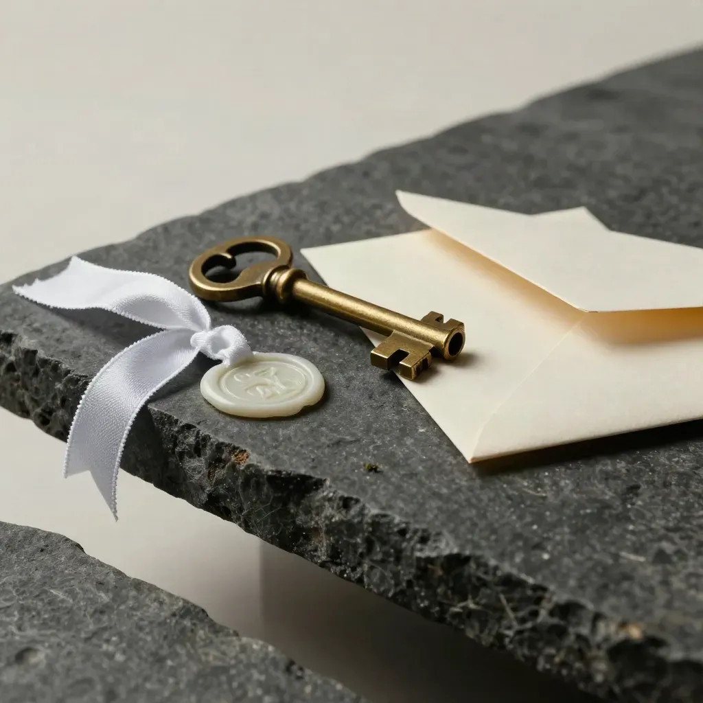 Brass key, wax seal, ribbon and cream envelope on dark stone in soft side light.
