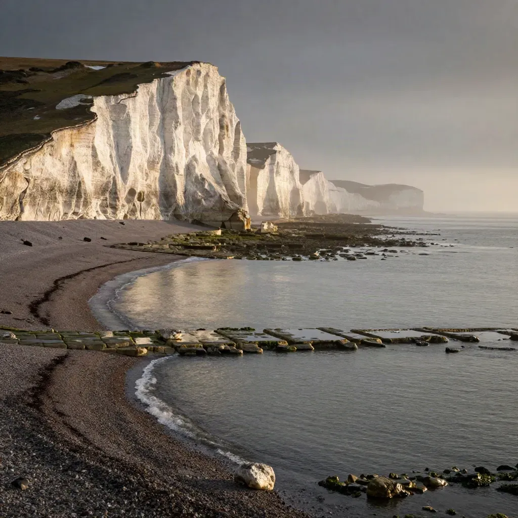 Golden chalk cliffs above a calm South East shoreline with tide pools in warm light.